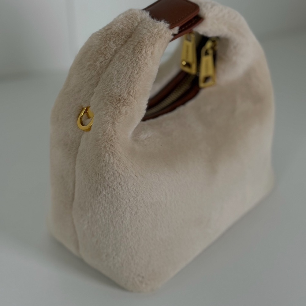 Plush Cream Faux-Fur Handbag with Gold Hardware